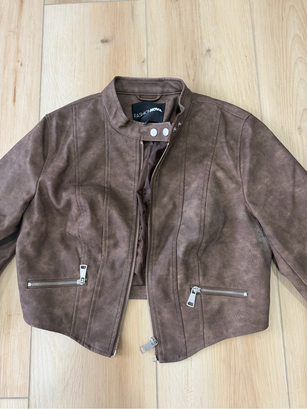 Fashion Nova Brown Faux-Suede Moto Jacket with Snap Collar